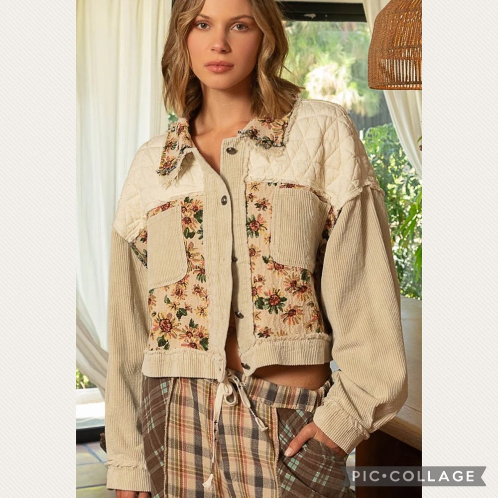NWT POL Contrast Quilt Panel Corduroy Jacquard Jacket in Beige (Price Firm) - Picture 2 of 10